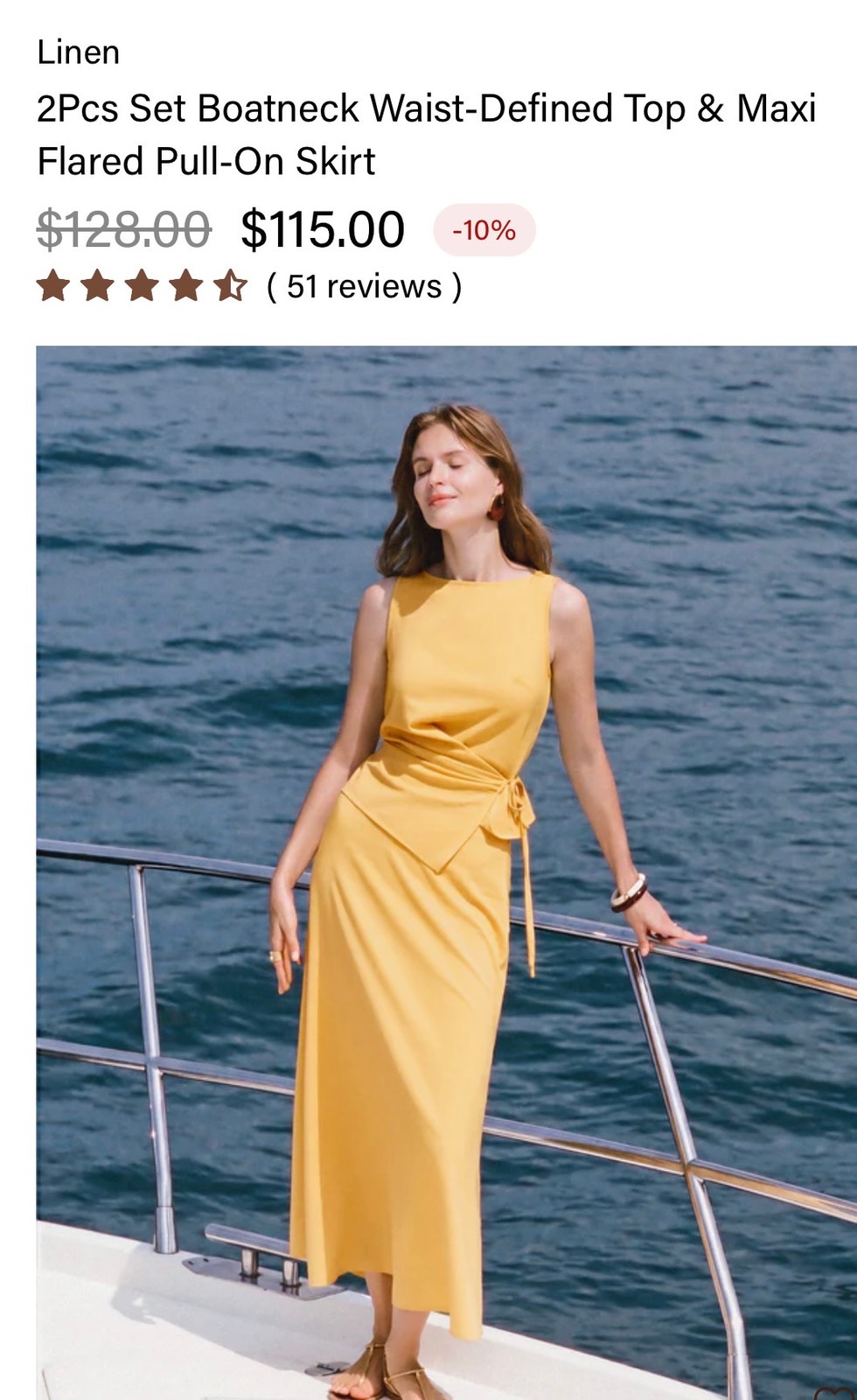Oglmove Yellow Linen Blend Boatneck Top & Maxi Skirt 2-Piece Set Women's Size Xl